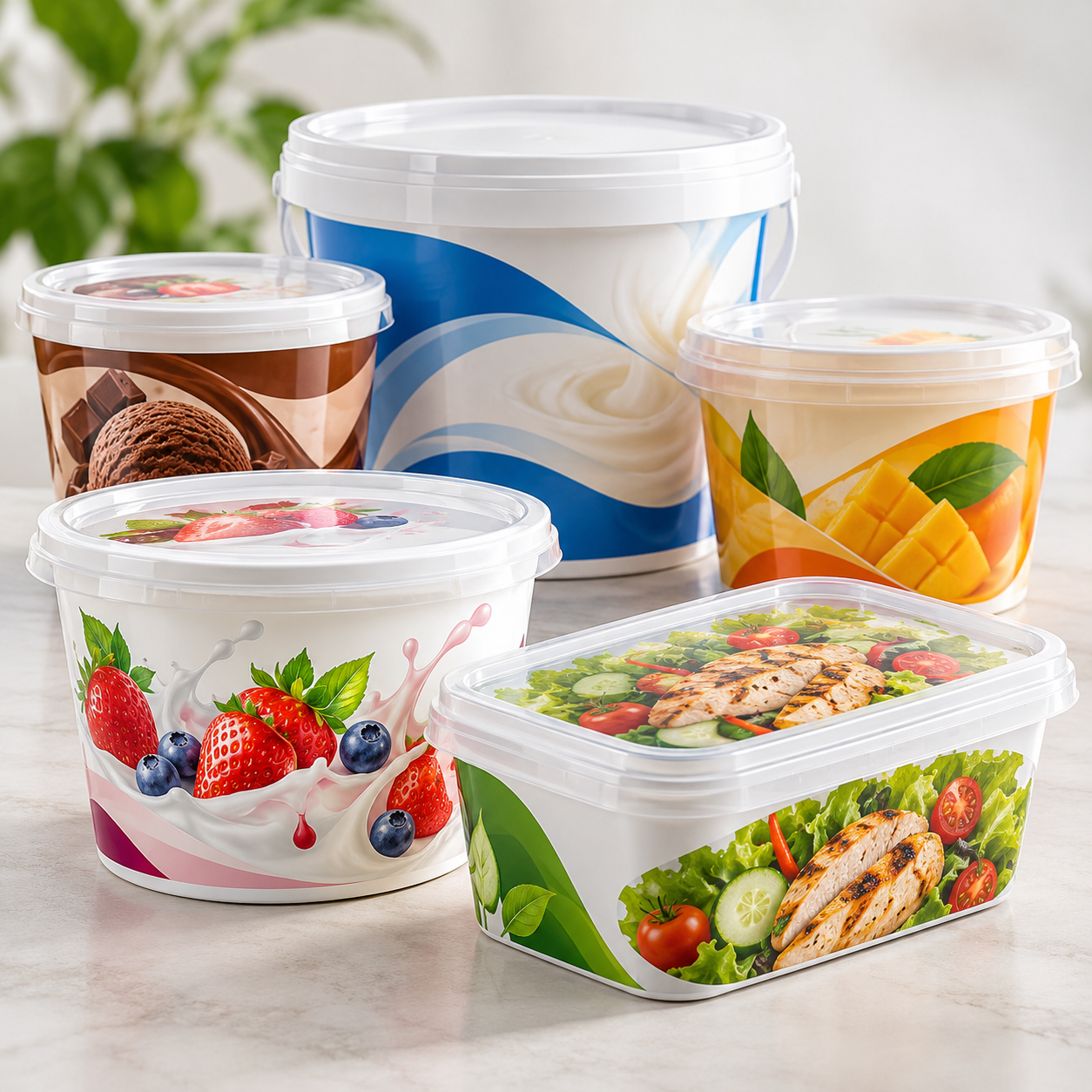 Plastic IML containers with printed in-mould labels
