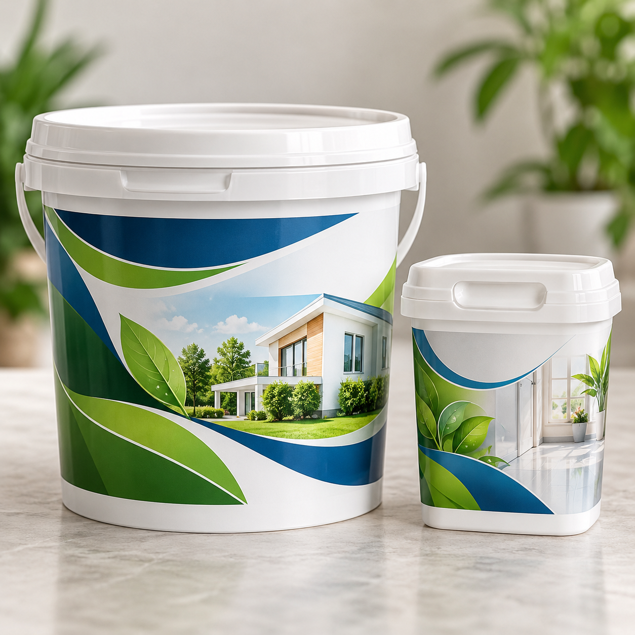 Labelled plastic container for paint or coatings